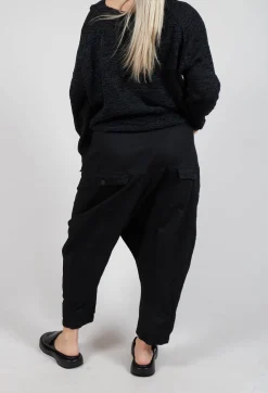 Drop-Crotch Cotton Trousers with Belt Loops in Black