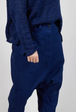 Drop-Crotch Cotton Trousers with Belt Loops in Ocean