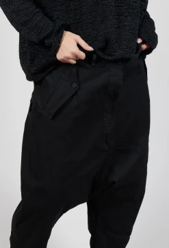 Drop-Crotch Cotton Trousers with Belt Loops in Black