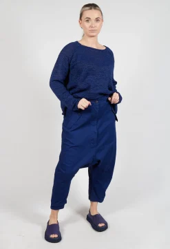 Drop-Crotch Cotton Trousers with Belt Loops in Ocean