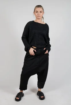 Drop-Crotch Cotton Trousers with Belt Loops in Black