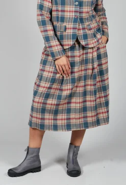 Elastic Waist Plaid Cotton Skirt in Sand