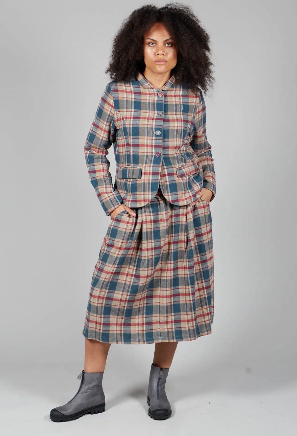 Elastic Waist Plaid Cotton Skirt in Sand