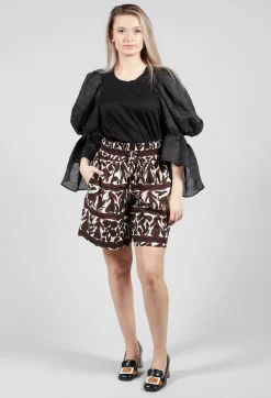 Elasticated Waistband Shorts in Brown Print