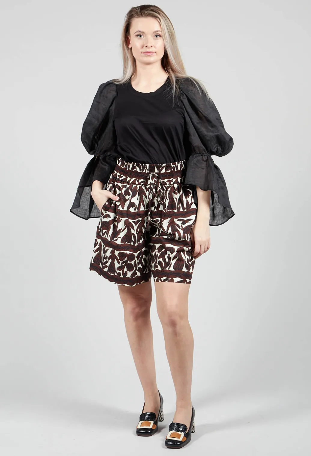 Elasticated Waistband Shorts in Brown Print