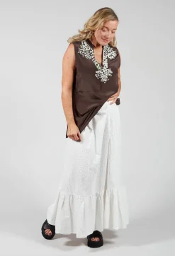 Embroidered Midi Skirt with Peplum in Chalk