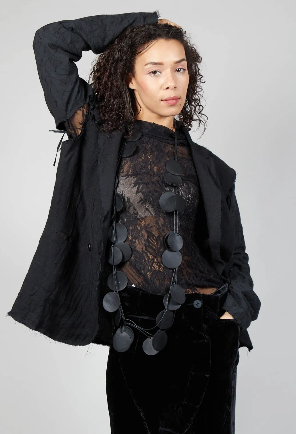 Embroidered Tie Shoulder Blazer in Black