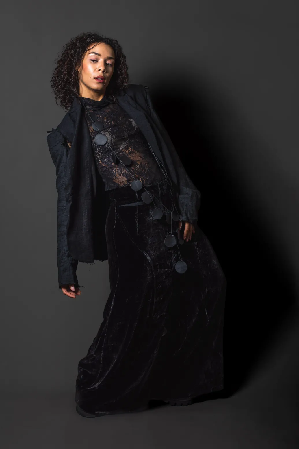 Embroidered Tie Shoulder Blazer in Black