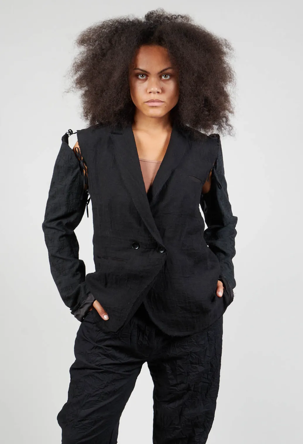 Embroidered Tie Shoulder Blazer in Black