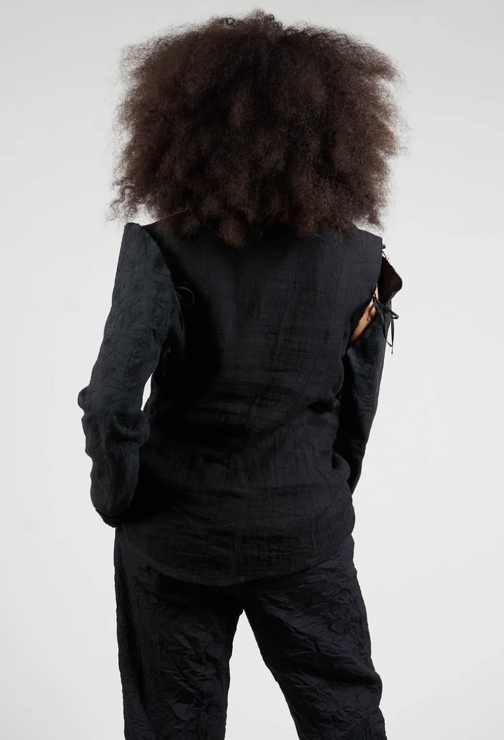 Embroidered Tie Shoulder Blazer in Black