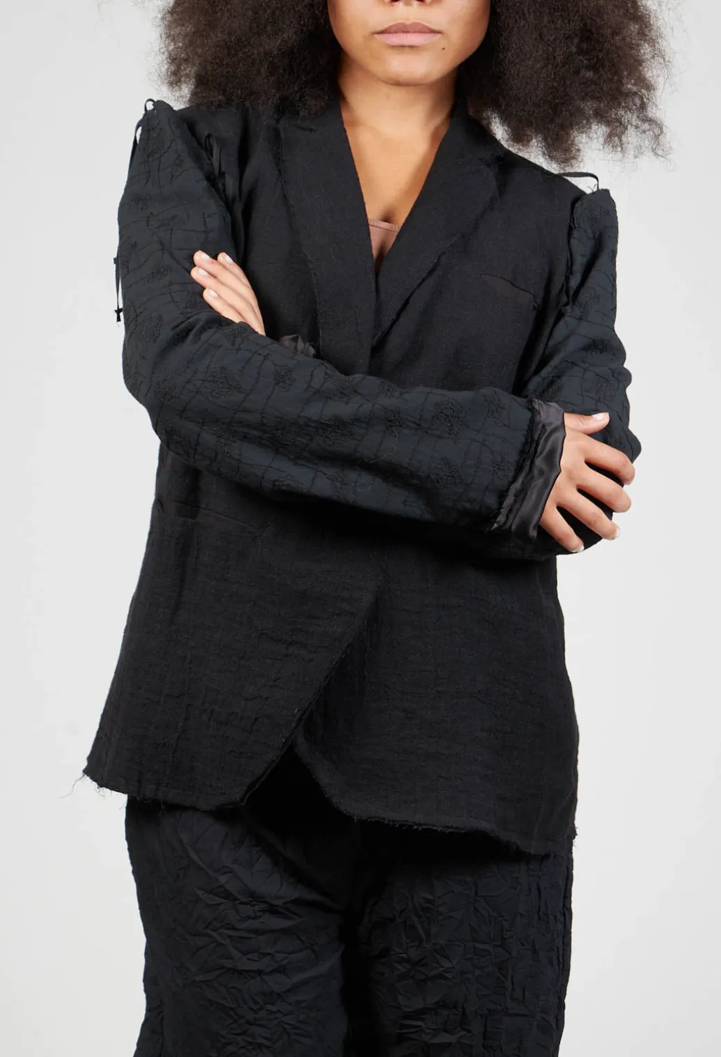 Embroidered Tie Shoulder Blazer in Black