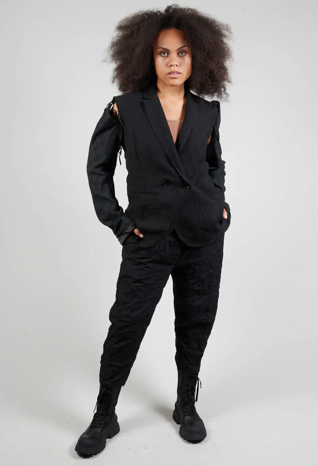 Embroidered Tie Shoulder Blazer in Black