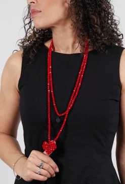 Extra Long Across Heart Necklace in Red