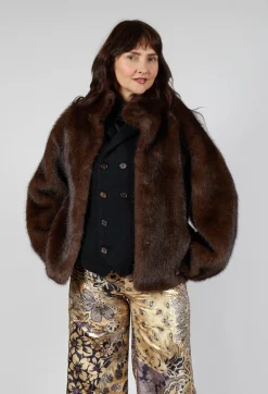 Faux Fur Jacket with High Neck in Brown