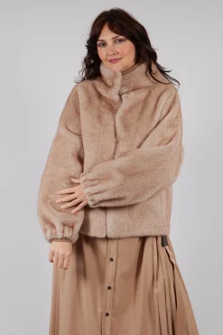 Faux Fur Jacket with High Neck in Beige