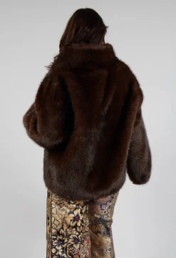 Faux Fur Jacket with High Neck in Brown