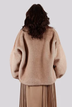 Faux Fur Jacket with High Neck in Beige