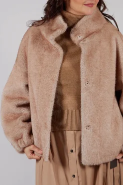 Faux Fur Jacket with High Neck in Beige
