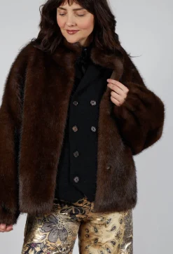 Faux Fur Jacket with High Neck in Brown