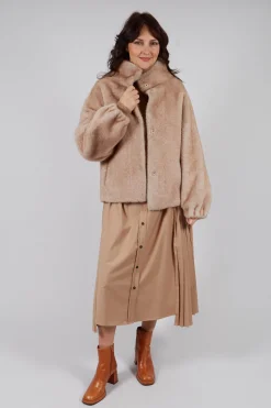 Faux Fur Jacket with High Neck in Beige