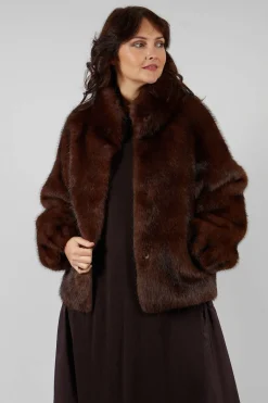 Faux Fur Jacket with High Neck in Brown