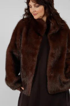 Faux Fur Jacket with High Neck in Brown