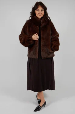 Faux Fur Jacket with High Neck in Brown