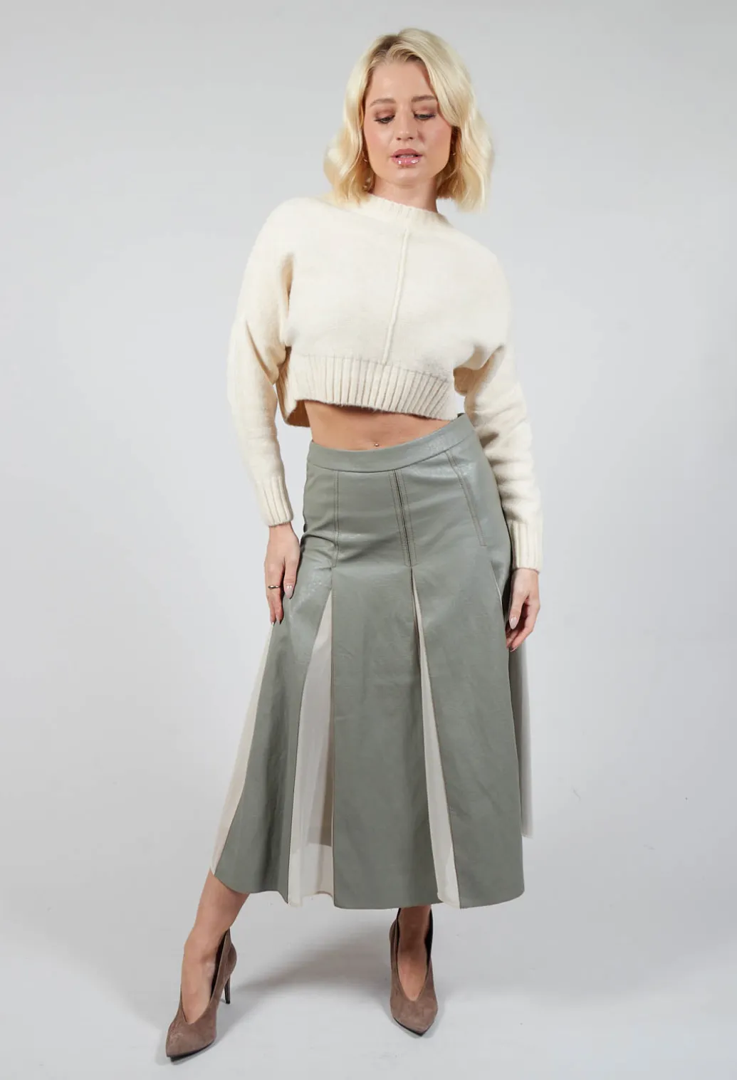 Faux Leather Georgette Skirt in Green