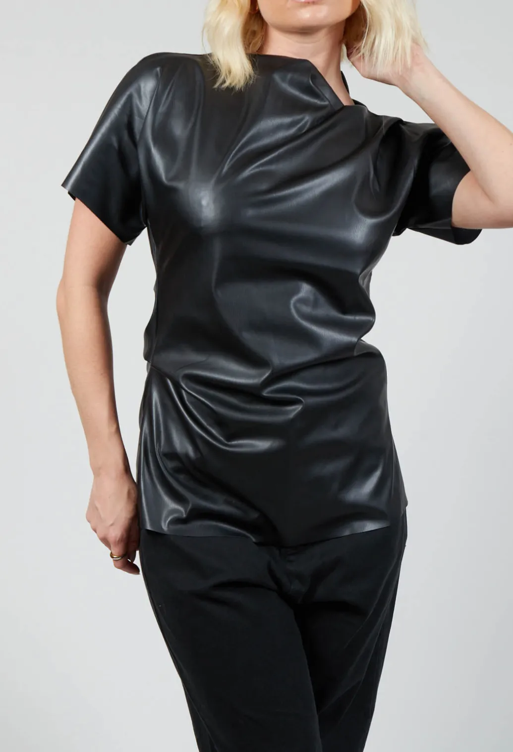 Faux Leather T-Shirt in Black