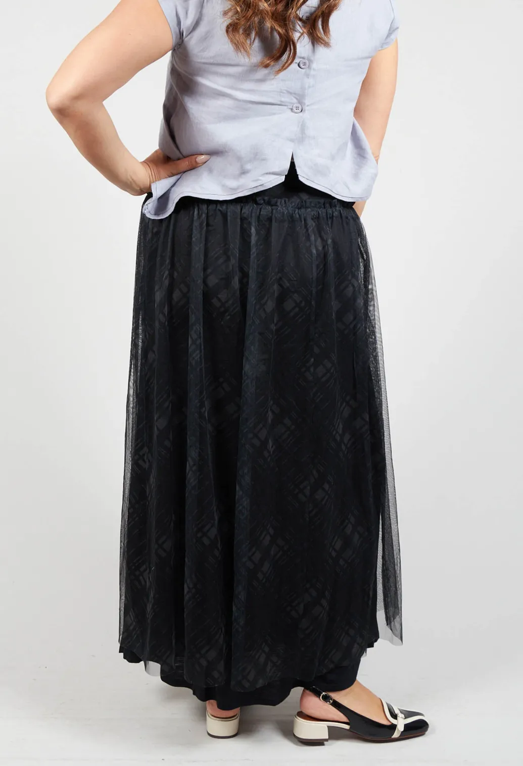 Fine Jersey Skirt with Net Overlay in inox