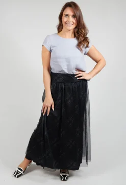 Fine Jersey Skirt with Net Overlay in inox