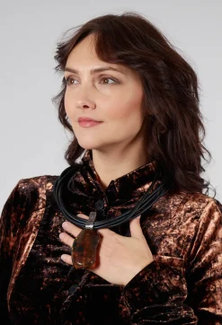 Five Leather Necklace with Amber Pendant in Black