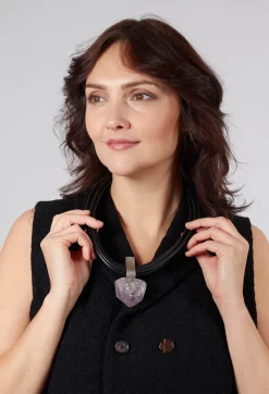 Five Leather Necklace with Ameythst Pendant in Black