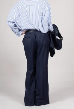 Flared Leg Tailored Trousers in Gessato Blue Nights