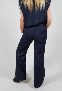 Flared Leg Tailored Trousers in Gessato Blue Nights