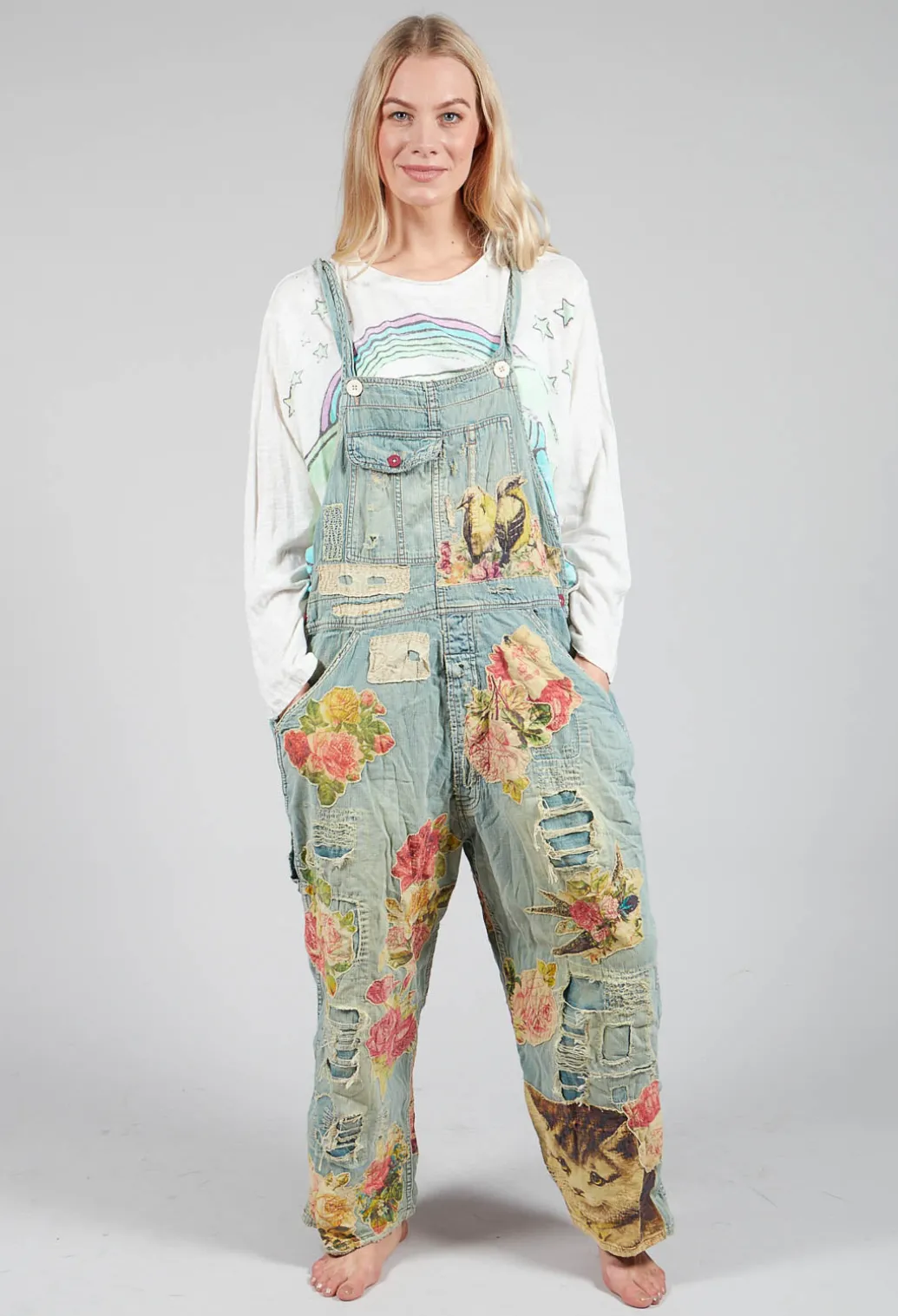 Floral Applique Overalls in Washed Indigo