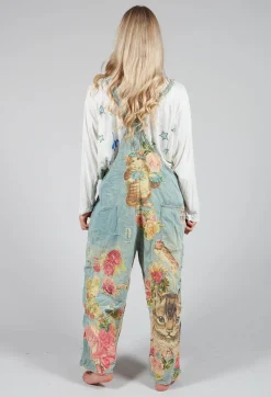 Floral Applique Overalls in Washed Indigo
