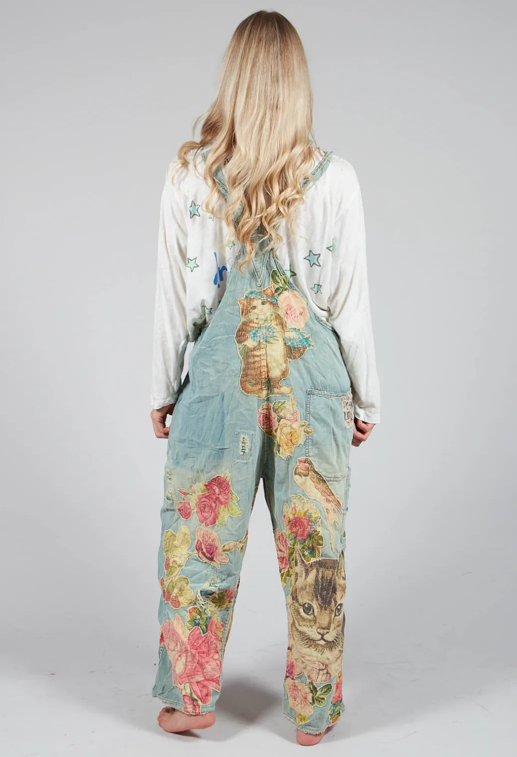 Floral Applique Overalls in Washed Indigo