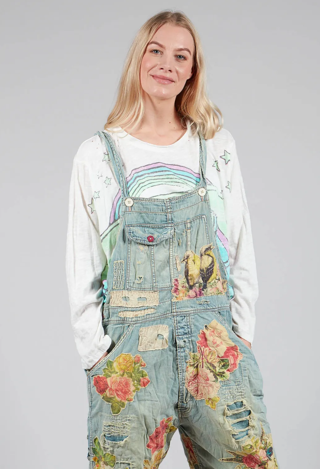 Floral Applique Overalls in Washed Indigo