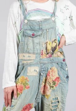Floral Applique Overalls in Washed Indigo