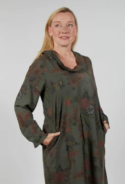 Floral Lyocell Cowl Neck Dress in Moss