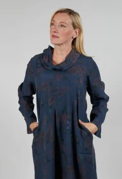 Floral Lyocell Cowl Neck Dress in Navy
