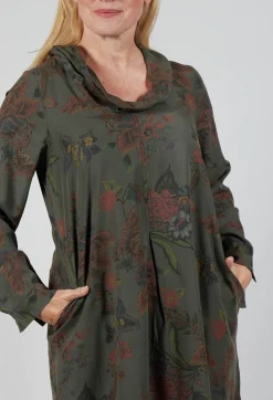 Floral Lyocell Cowl Neck Dress in Moss