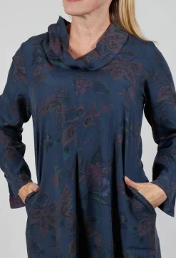 Floral Lyocell Cowl Neck Dress in Navy