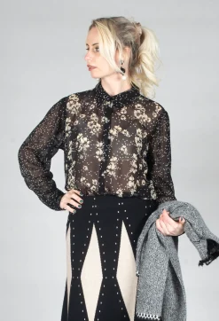 Floral Print Sheer Blouse in Noir