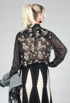 Floral Print Sheer Blouse in Noir