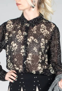 Floral Print Sheer Blouse in Noir
