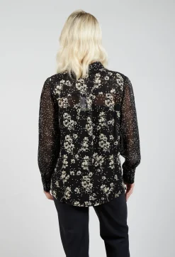 Floral Print Sheer Blouse in Noir