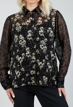 Floral Print Sheer Blouse in Noir