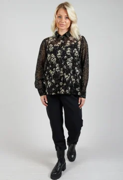 Floral Print Sheer Blouse in Noir